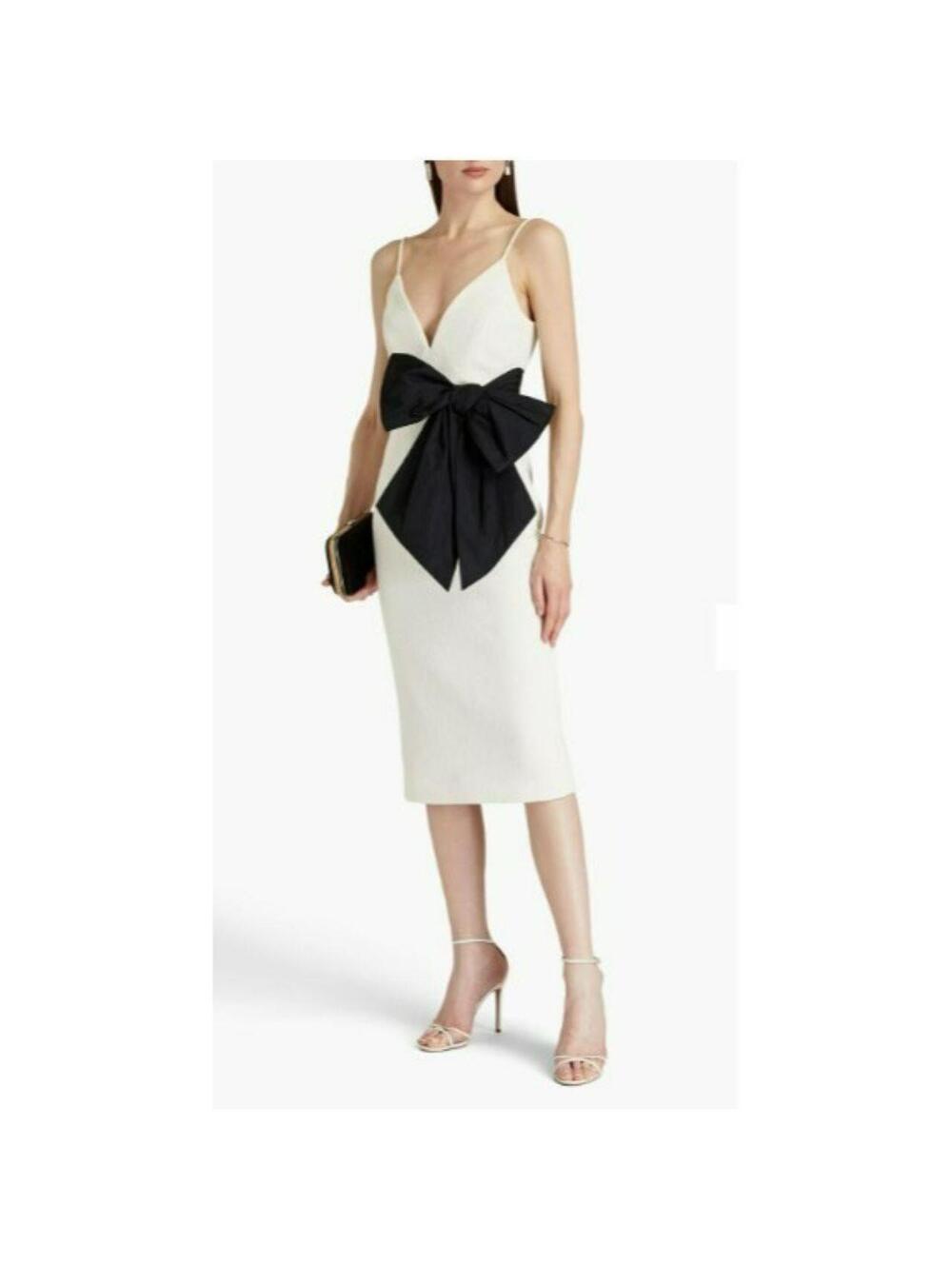 NWT Rebecca Vallance Monique Bow Embellished Cloqué White Midi Dress Sz 10 US